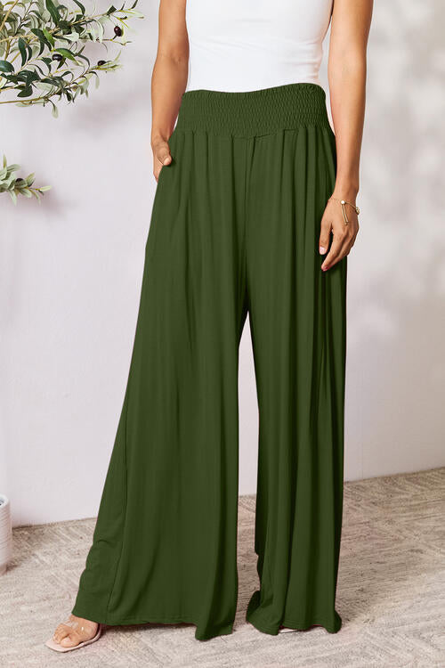 Double Take Smocked Wide Waistband Wide Leg Pants