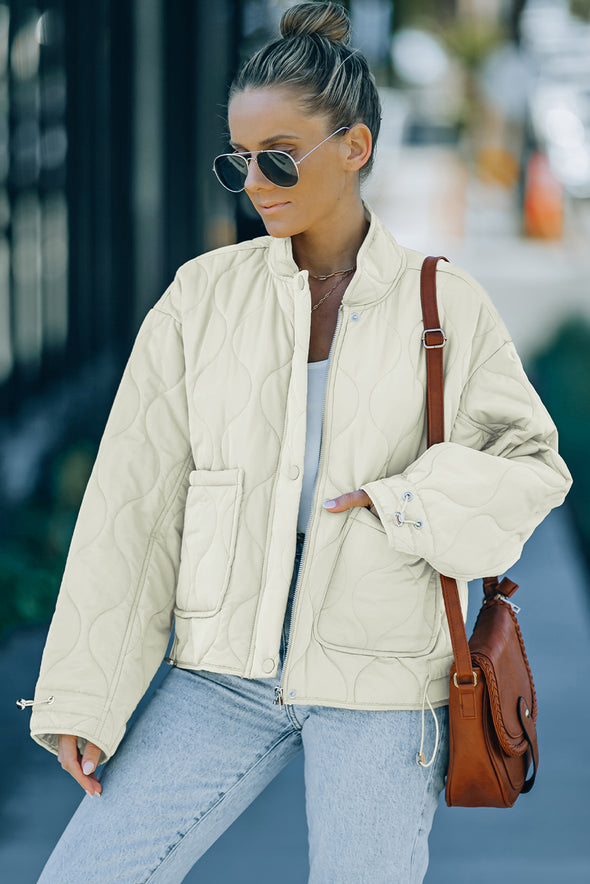 Drawstring Dropped Shoulder Quilted Jacket Cream
