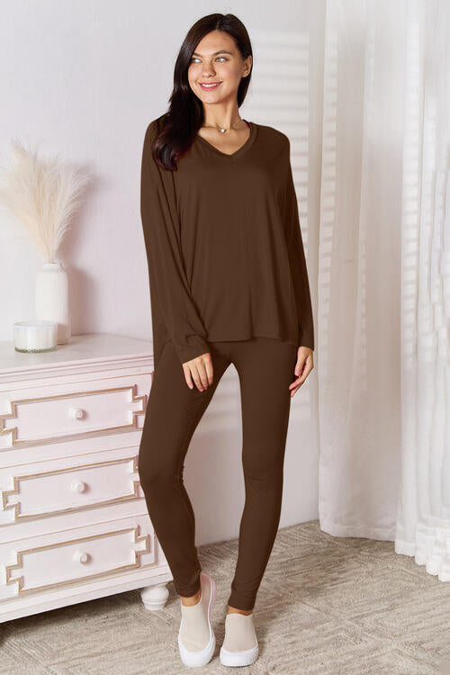 Basic Bae V-Neck Soft Rayon Long Sleeve Top and Pants Lounge Set