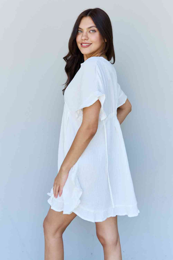 Ninexis Out Of Time Ruffle Hem Dress with Drawstring Waistband in White