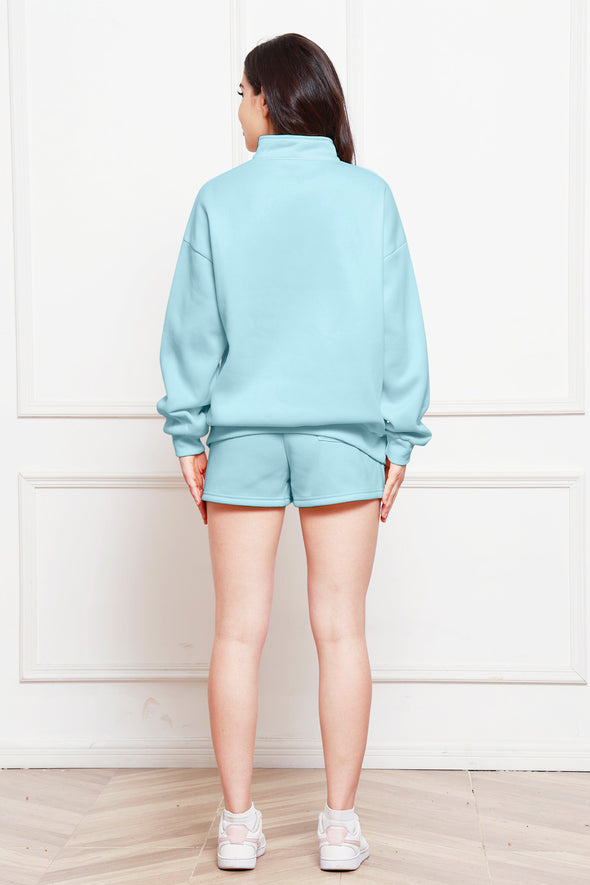 Half Zip Long Sleeve Sweatshirt and Drawstring Shorts Set