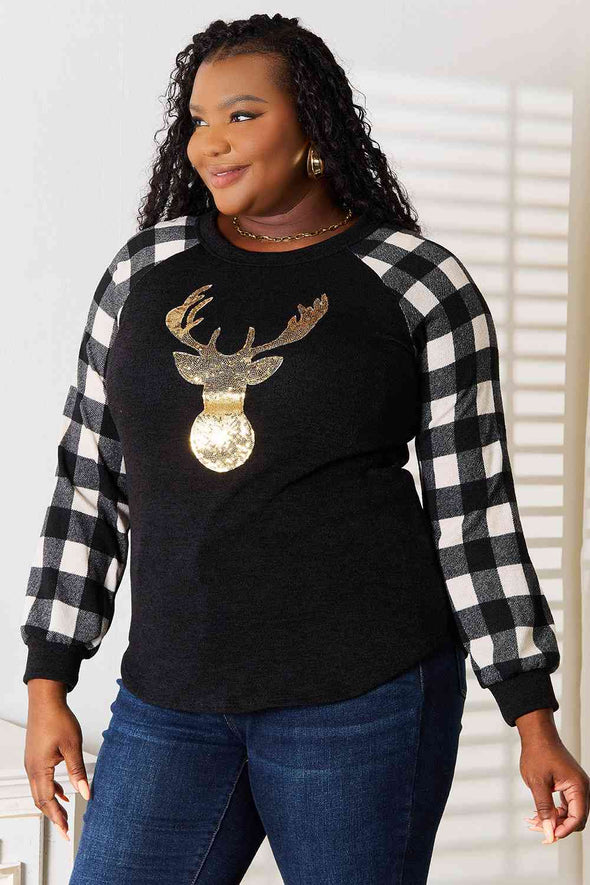 Heimish Sequin Reindeer Graphic Plaid Top