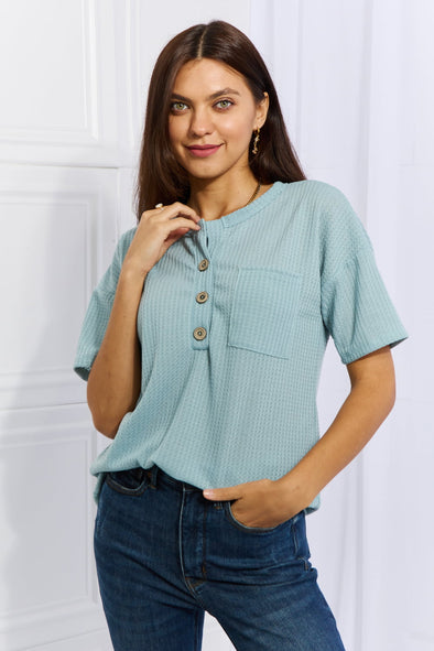 Heimish Made For You 1/4 Button Down Waffle Top in Blue