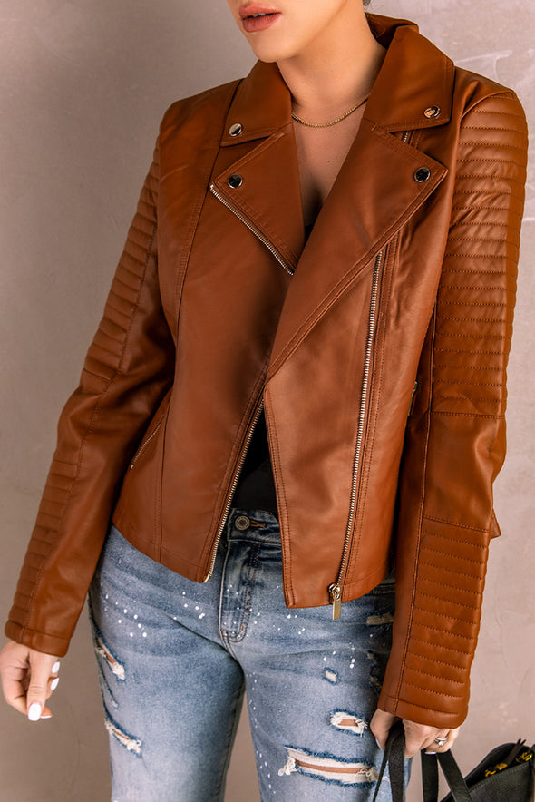 Ribbed Faux Leather Jacket Brown