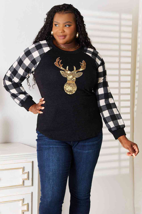 Heimish Sequin Reindeer Graphic Plaid Top