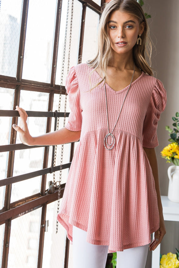 Heimish Waffle Knit V-Neck Babydoll Top