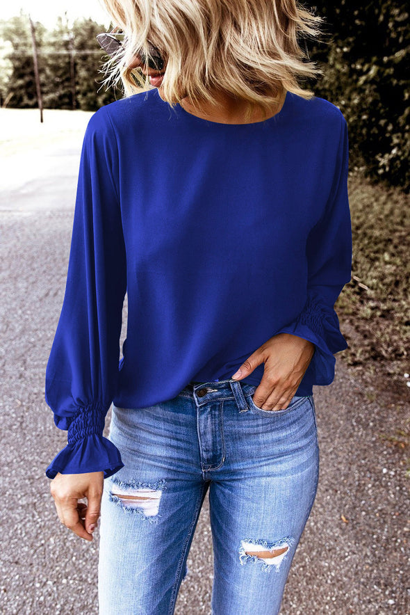 Round Neck Flounce Sleeve Top Blue