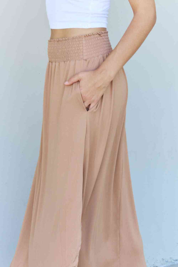 Doublju Comfort Princess High Waist Scoop Hem Maxi Skirt in Tan