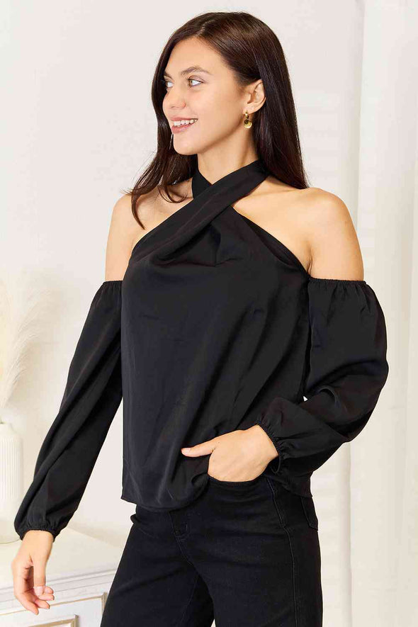 Double Take Grecian Cold Shoulder Long Sleeve Blouse