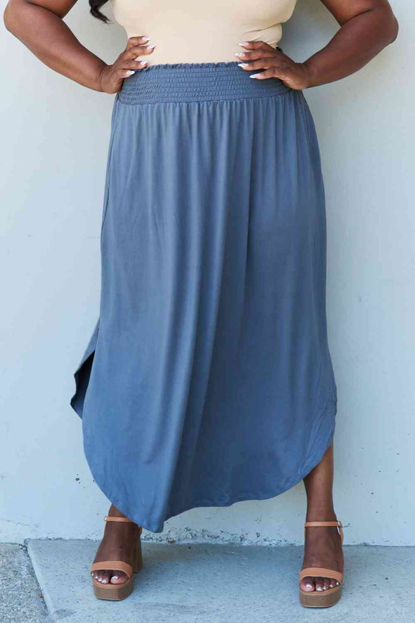 Doublju Comfort Princess High Waist Scoop Hem Maxi Skirt in Dusty Blue