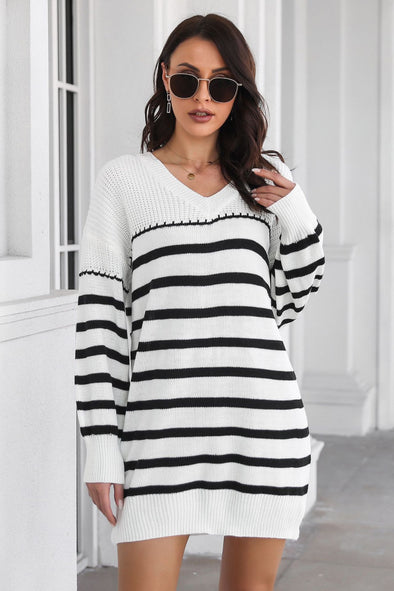 Striped V-Neck Drop Shoulder Sweater Dress