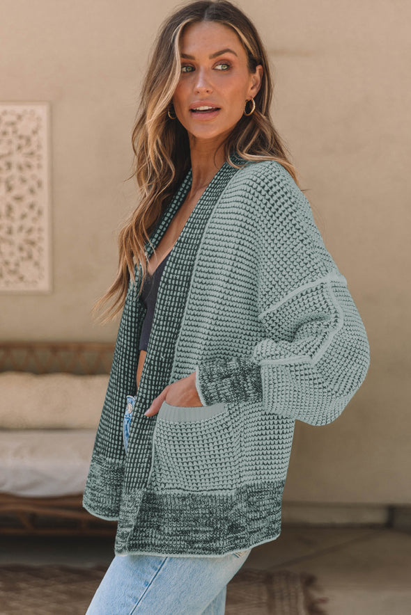 Waffle-Knit Pocketed Open Front Cardigan