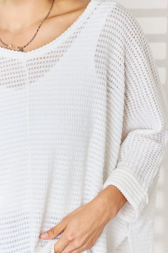 Zenana Waffle Knit V-Neck Long Sleeve Slit Top