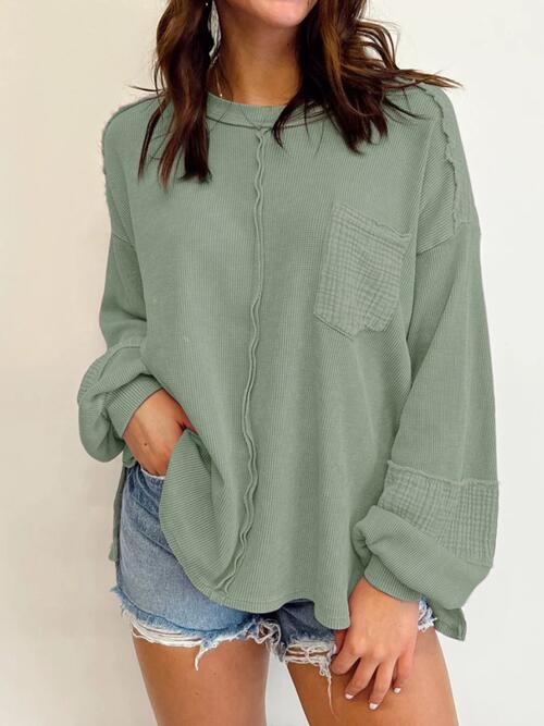 Waffle-Knit Exposed Seam Lantern Sleeve Blouse