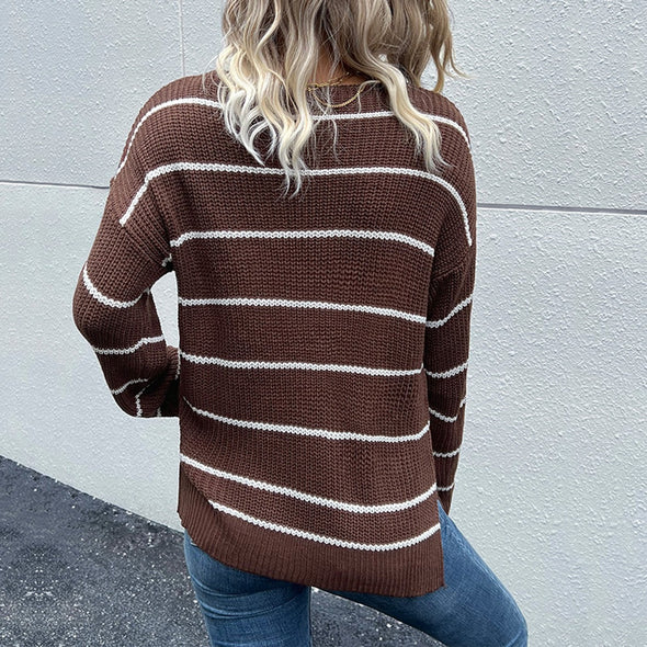 Striped V-Neck Slit Dropped Shoulder Sweater Coffee