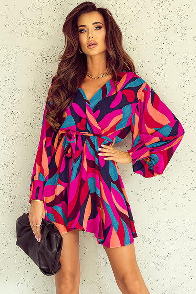 Printed Surplice Neck Tie Waist Dress