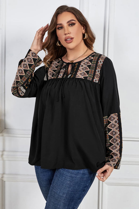 Plus Size Printed Round Neck Tie Front Blouse