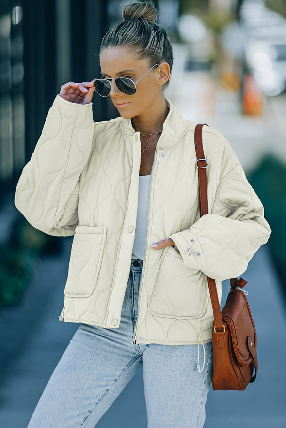 Drawstring Dropped Shoulder Quilted Jacket Cream