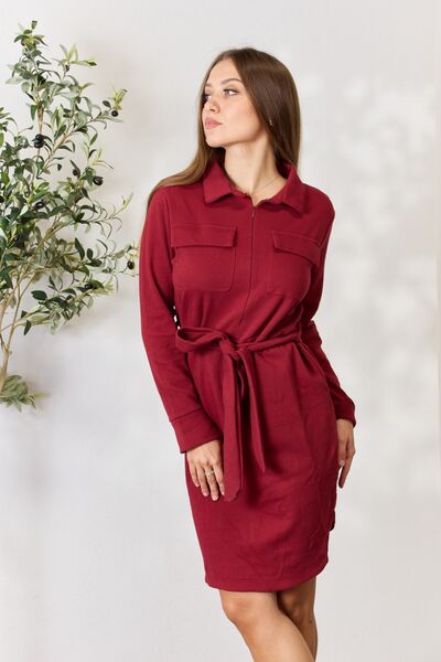 Culture Code Tie Front Half Zip Long Sleeve Shirt Dress