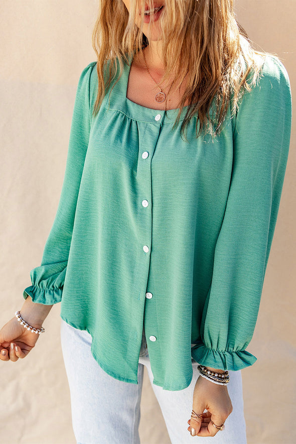 Square Neck Flounce Sleeve Buttoned Shirt