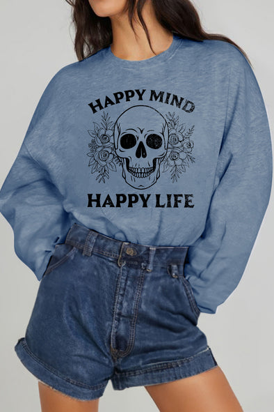 Simply Love HAPPY MIND HAPPY LIFE SKULL Graphic Sweatshirt