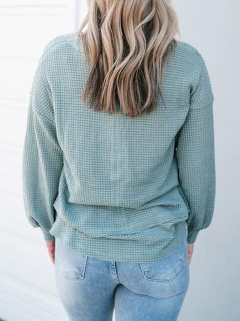 Waffle-Knit V-Neck Blouse with Breast Pocket