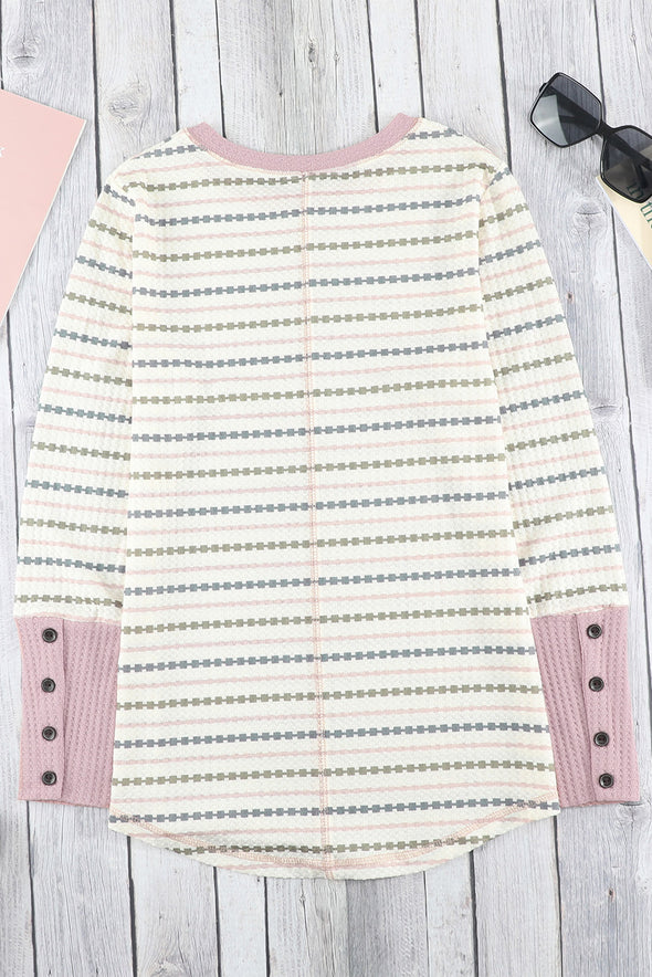 Printed Waffle-Knit Buttoned Cuff Top Beige