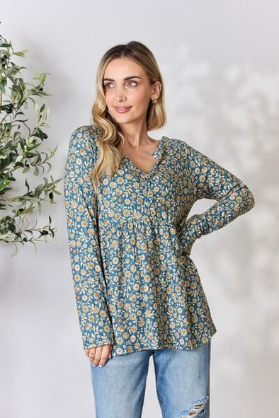 Heimish Floral Half Button Long Sleeve Blouse