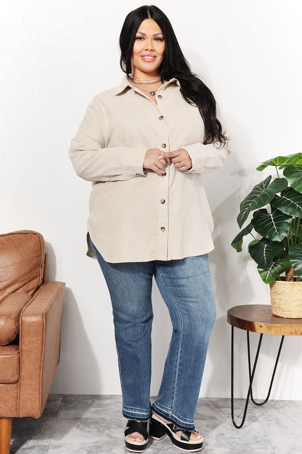 HEYSON Oversized Corduroy Button-Down Tunic Shirt with Bust Pocket