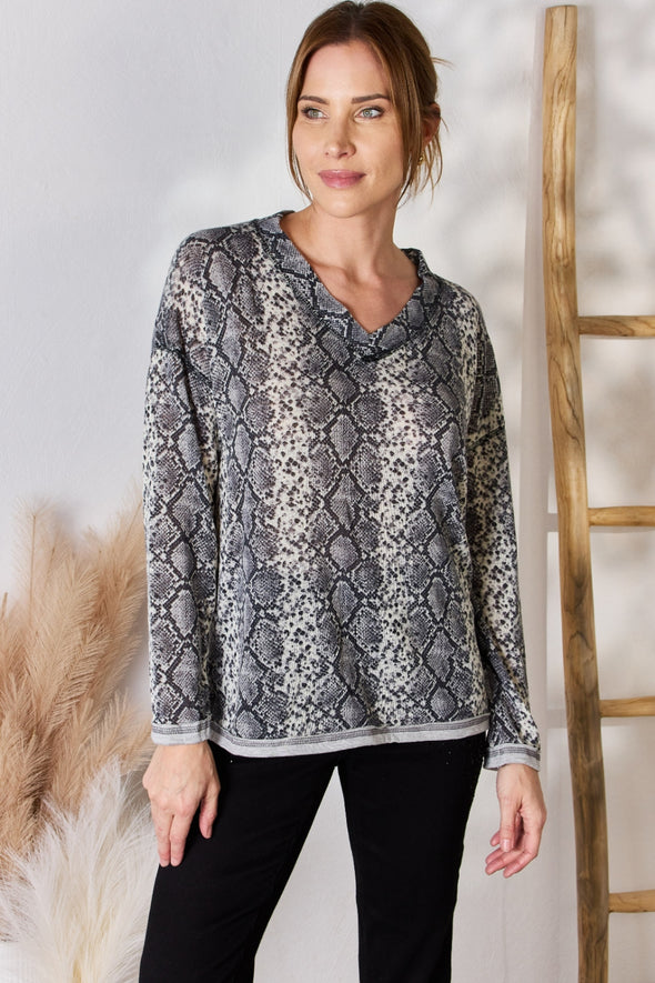 Hailey & Co Snakeskin V-Neck Long Sleeve Top