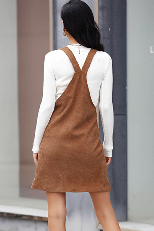 Corduroy Mini Overall Dress with Pocket Brown