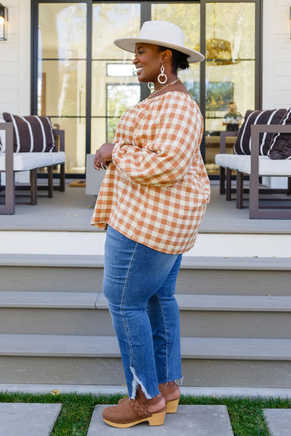 Jodifl One Fine Afternoon Gingham Plaid Top Caramel