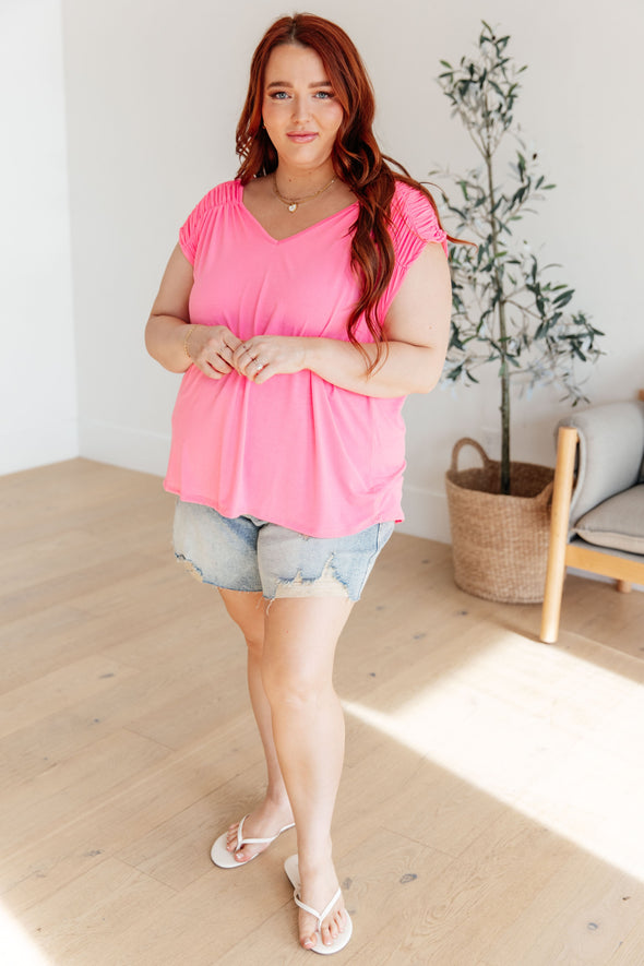 Ruched Cap Sleeve Top in Neon Pink