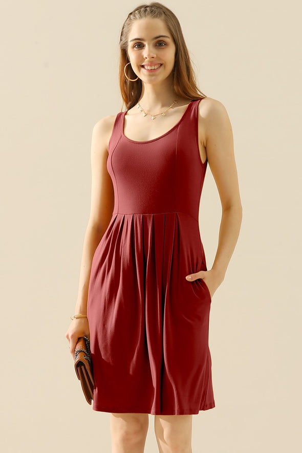 Doublju Round Neck Ruched Sleeveless Dress with Pockets