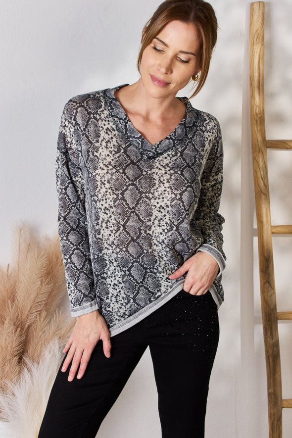 Hailey & Co Snakeskin V-Neck Long Sleeve Top