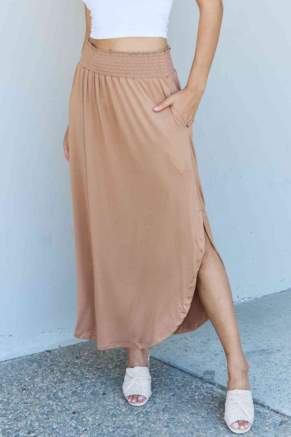 Doublju Comfort Princess High Waist Scoop Hem Maxi Skirt in Tan