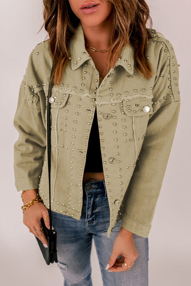 Frayed Trim Rivet Denim Jacket Khaki