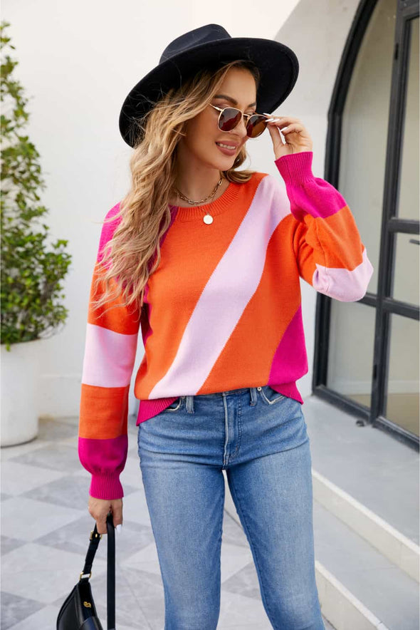 Color Block Ribbed Round Neck Sweater