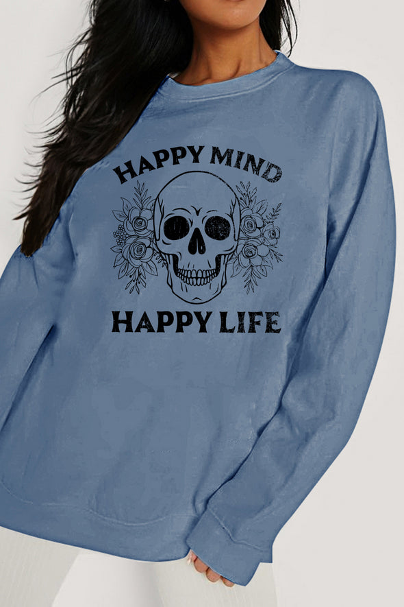 Simply Love HAPPY MIND HAPPY LIFE SKULL Graphic Sweatshirt