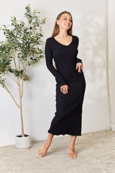 Culture Code Ribbed Long Sleeve Midi Slit Dress