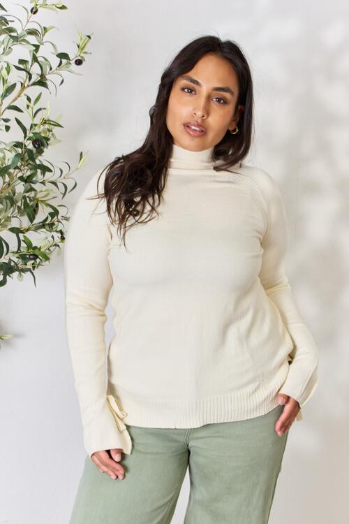 Heimish Ribbed Bow Detail Long Sleeve Turtleneck Knit Top