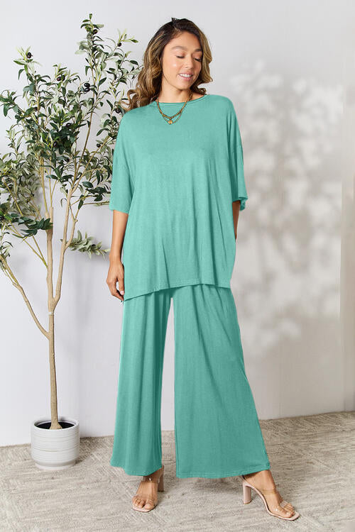 Double Take Round Neck Slit Top and Pants Set