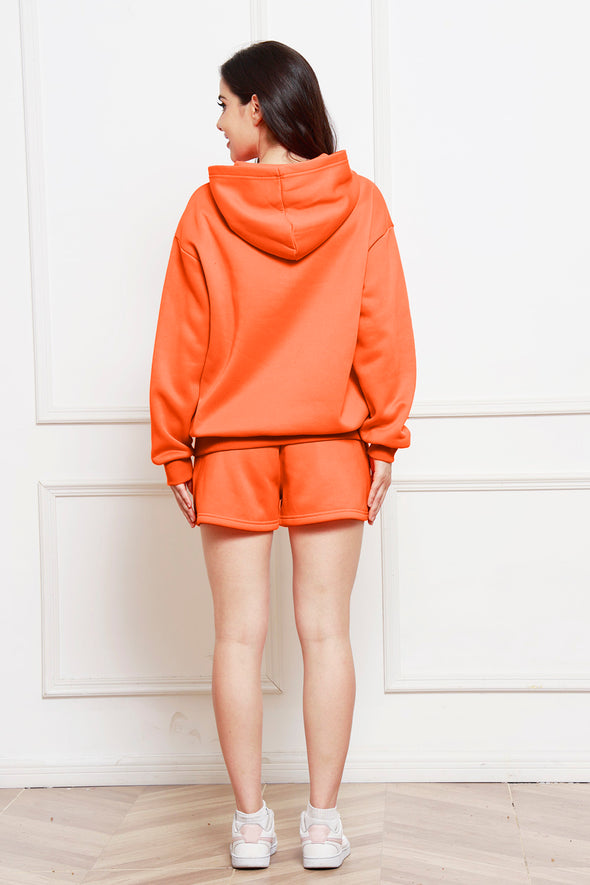 Drop Shoulder Long Sleeve Hoodie and Shorts Set