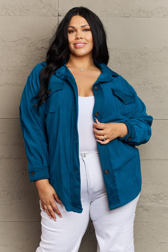 Zenana Cozy in the Cabin Fleece Elbow Patch Shacket in Teal