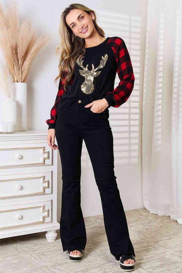 Heimish Sequin Reindeer Graphic Plaid Top