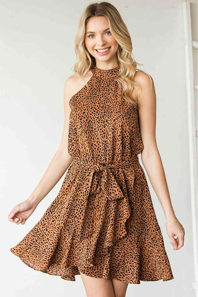 First Love Leopard Belted Sleeveless Dress