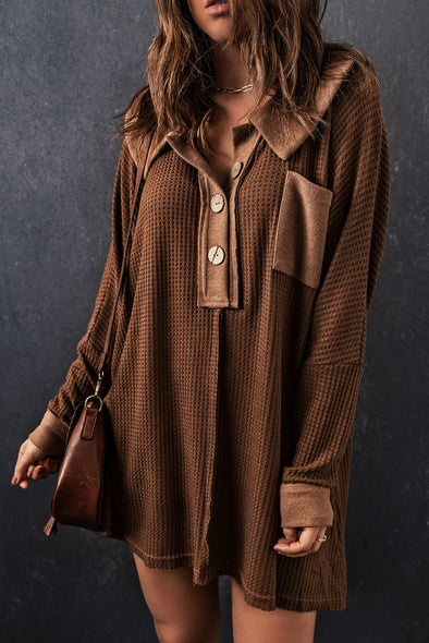Waffle Knit Buttoned Long Sleeve Top with Breast Pocket Brown