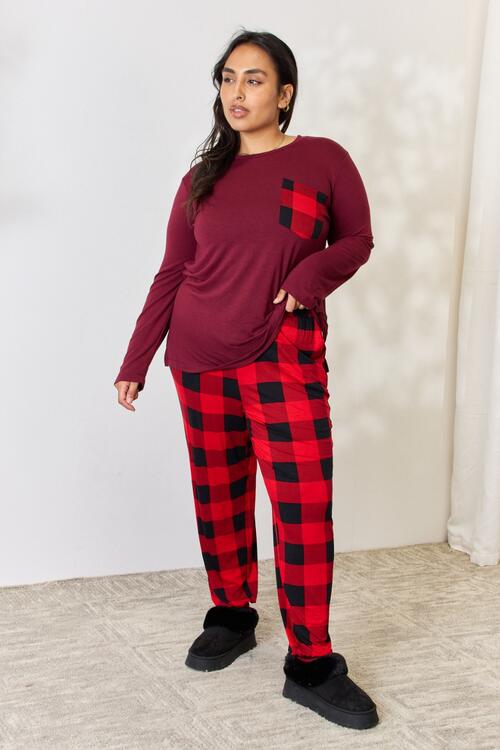 Zenana Plaid Round Neck Top and Pants Pajama Set