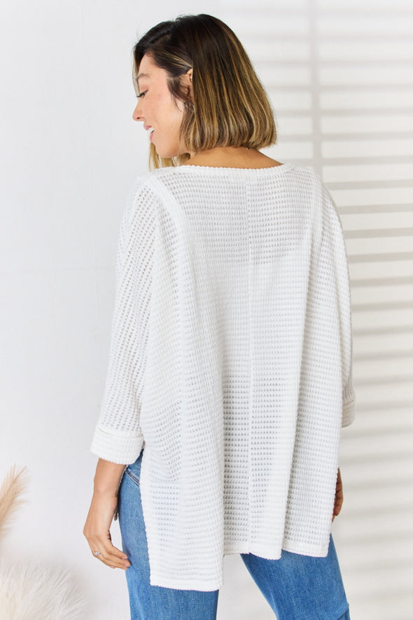 Zenana Waffle Knit V-Neck Long Sleeve Slit Top