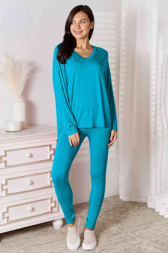 Basic Bae V-Neck Soft Rayon Long Sleeve Top and Pants Lounge Set